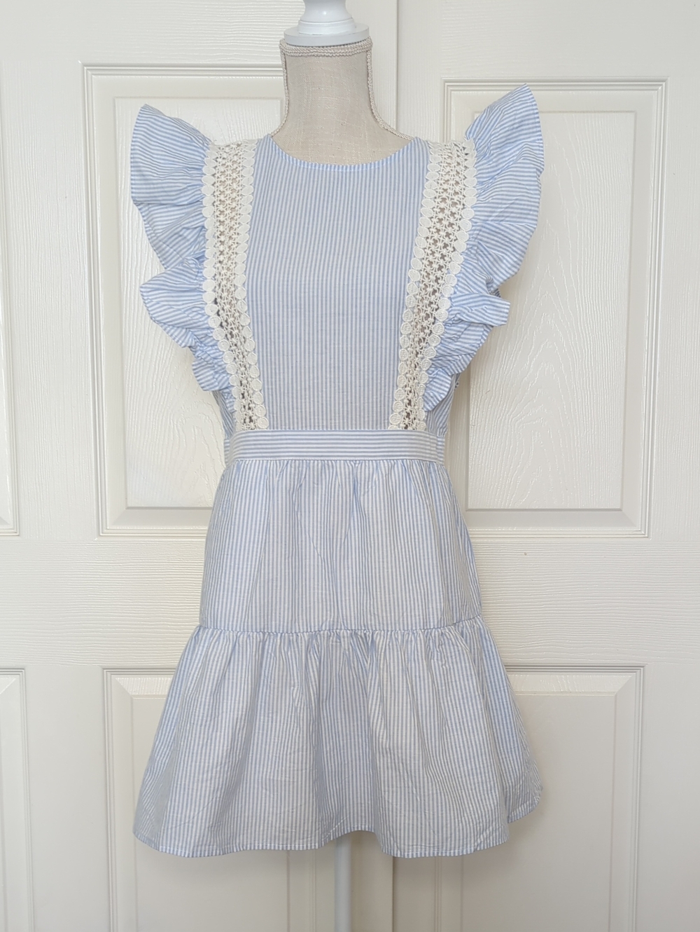English Factory Blue Pinstripe Lace Trim Ruffle Sleeve Tiered Mini Dress - Picture 2 of 7